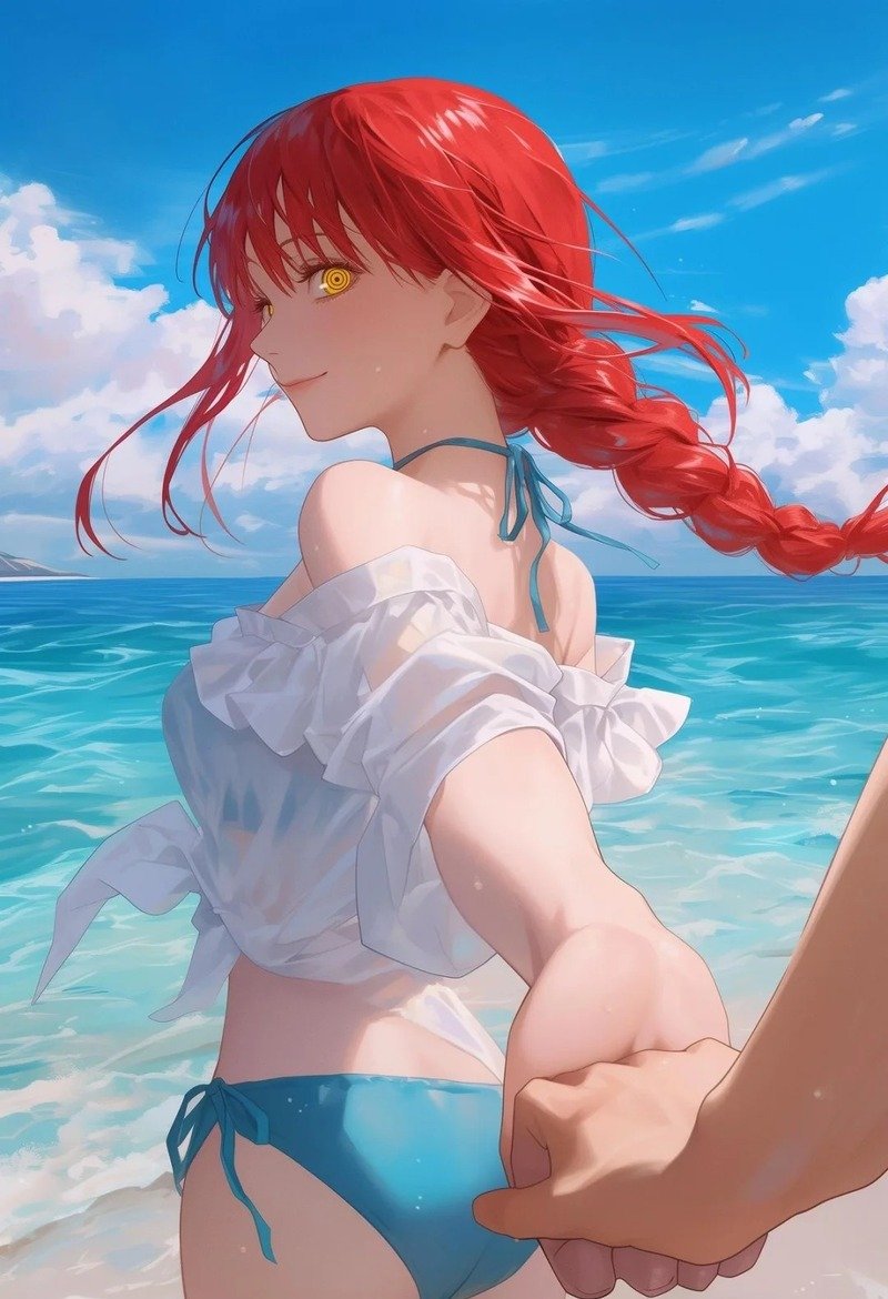 Anime nữ mặc bikini trong khung cảnh bãi biển mùa hè