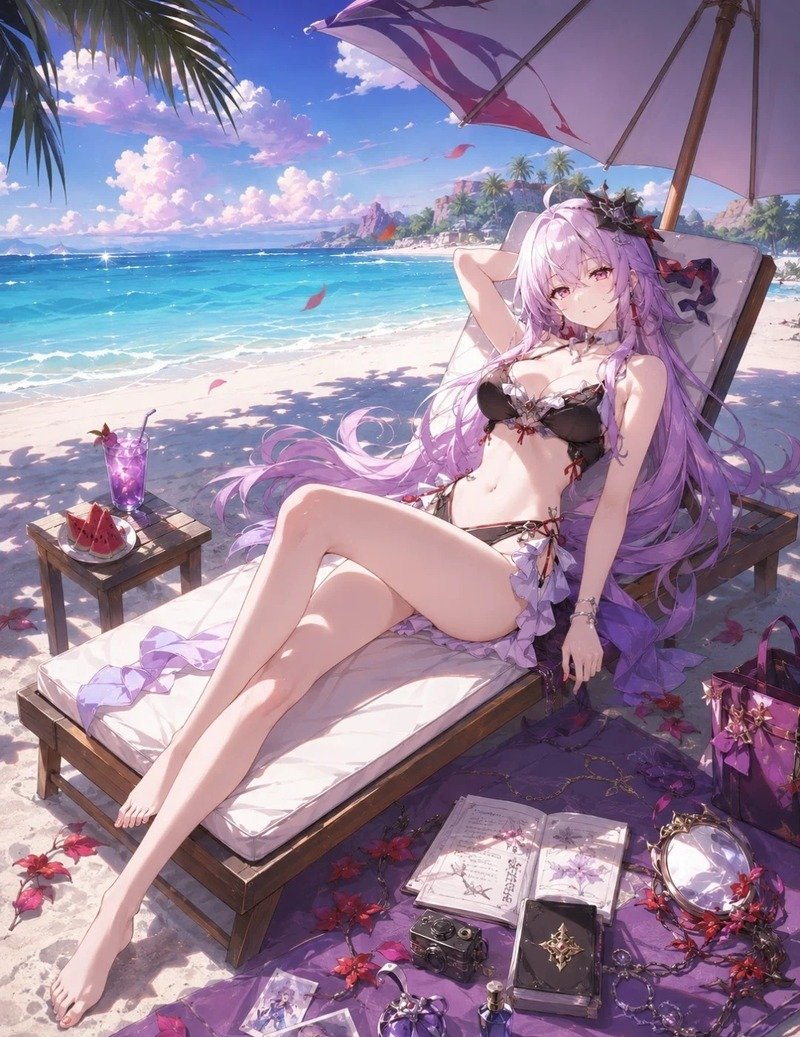 Nhân vật anime nữ tạo dáng bên bể bơi