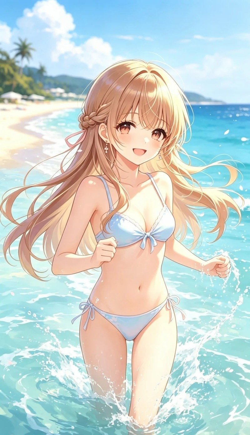 Nhân vật anime nữ tóc dài trong khung cảnh biển