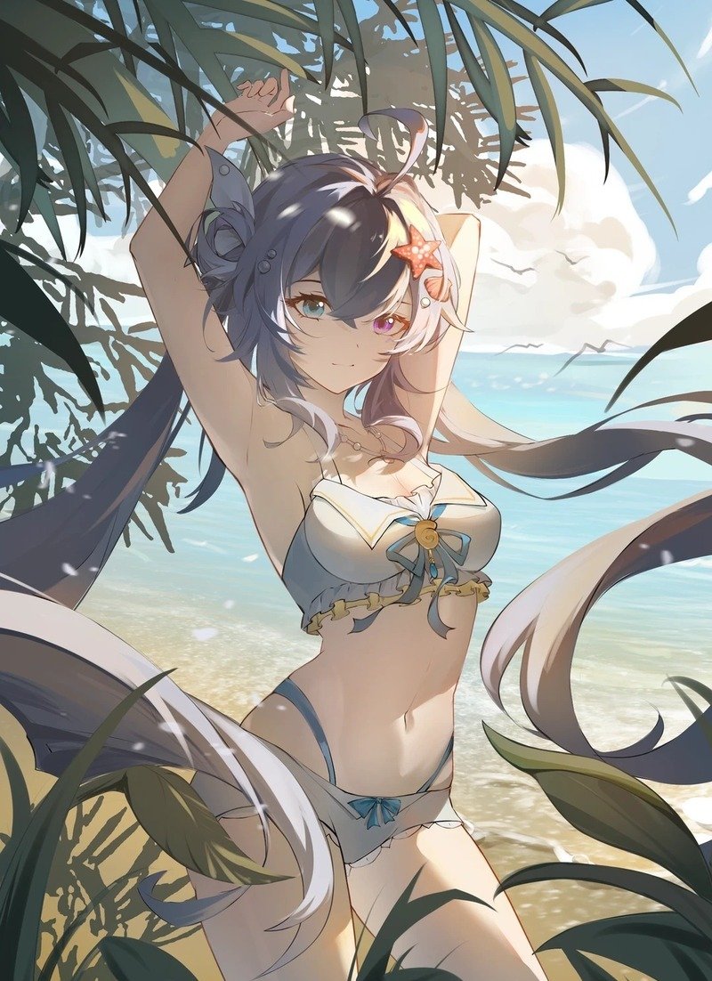 Ảnh nhân vật anime bên bãi biển nhiệt đới
