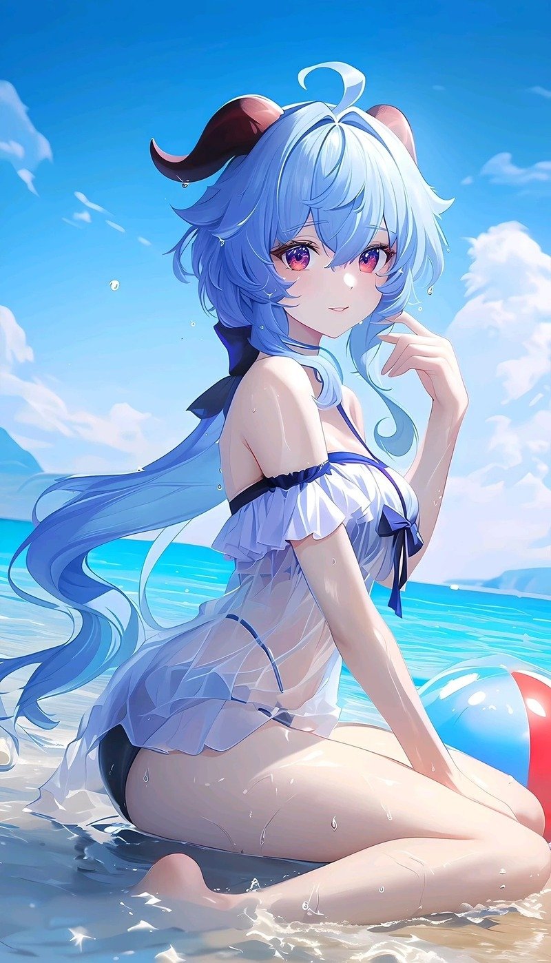 Nhân vật anime nữ bên sóng biển xanh