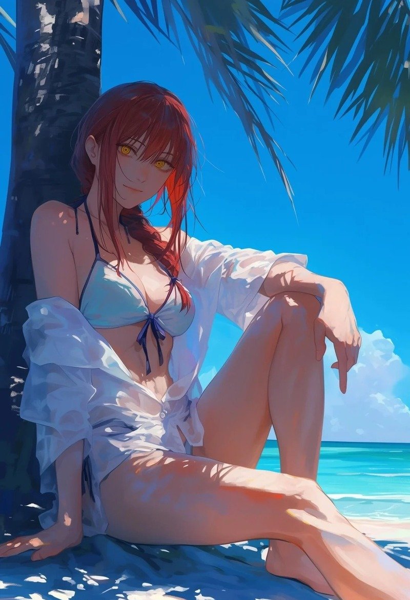 Cô gái anime tạo dáng bên biển với trang phục mùa hè