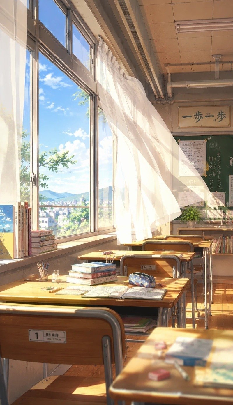 Trường học anime với hàng cây xanh đẹp