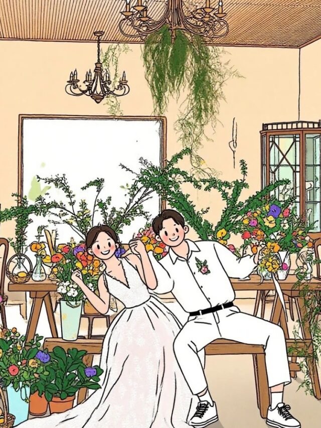 Ảnh cưới hoạt hình dễ thương cho cặp đôi hiện đại