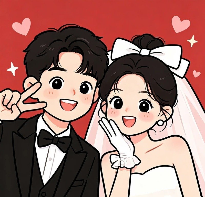 Cô dâu chú rể chibi với biểu cảm hạnh phúc