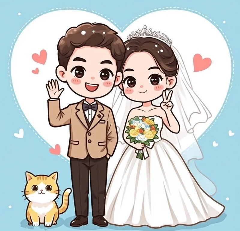 Cô dâu chú rể chibi với váy cưới và vest đẹp