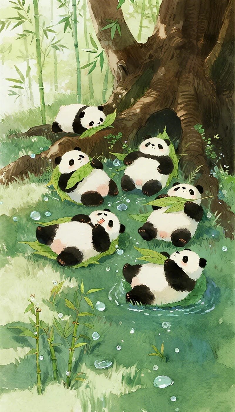 Chú gấu trúc nhỏ đang vui đùa cùng bạn bè