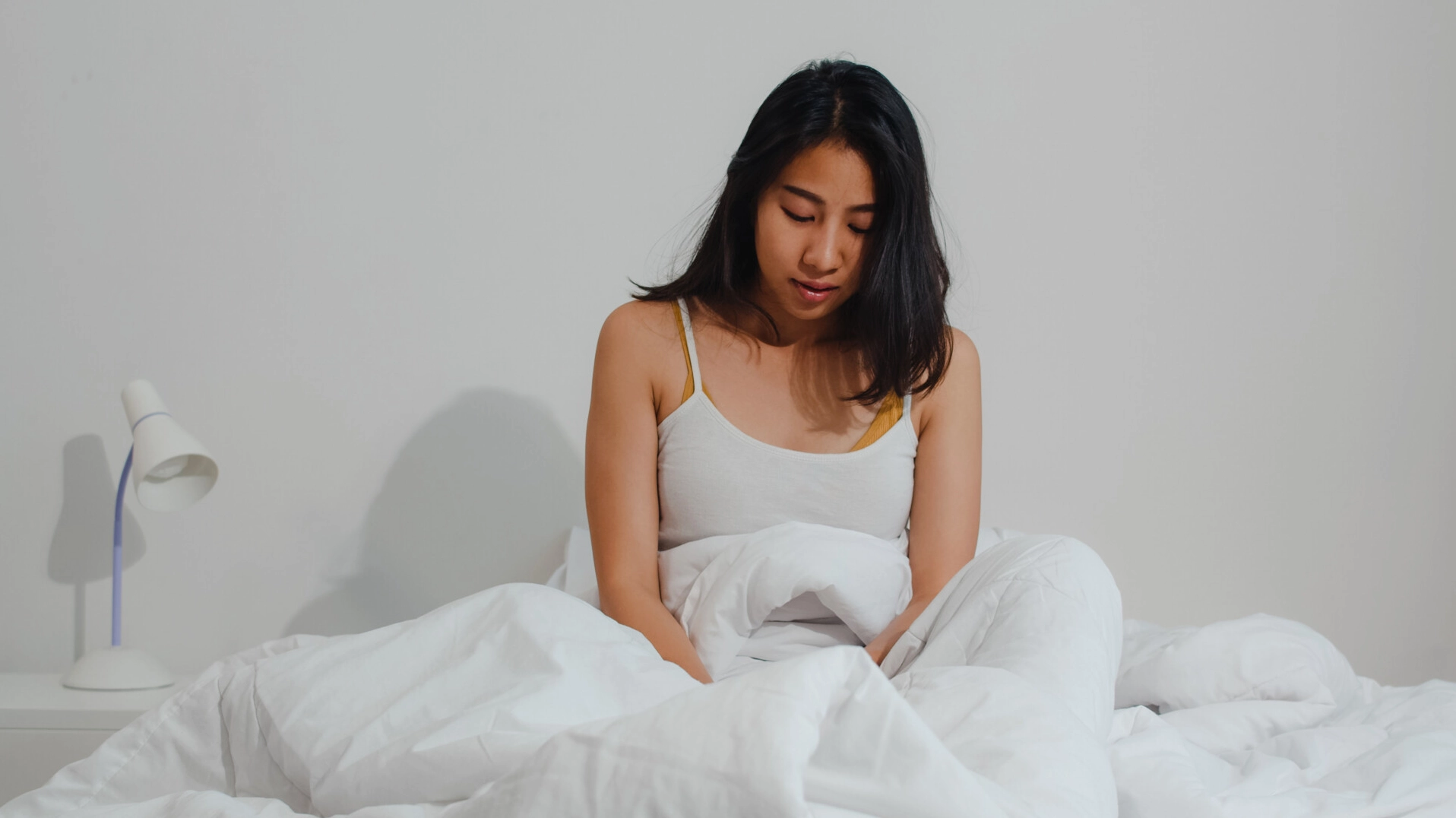 Asian Indian Lady Sleep In Room At Home. Young Asian Girl Feelin
