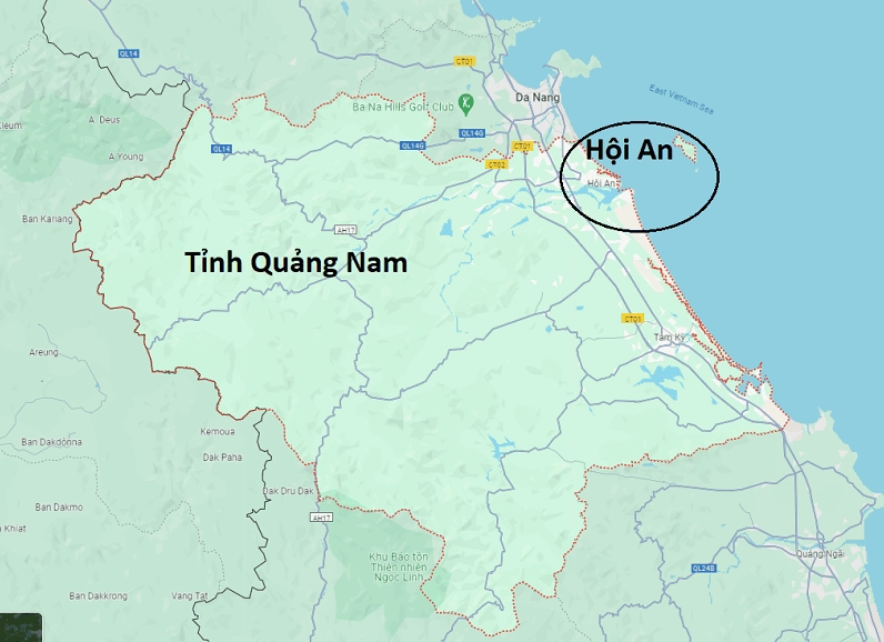 Bản đồ vị trí tương đối của Hội An và Đà Nẵng