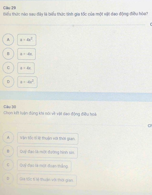 Gia tốc dao động điều hòa: Biểu thức nào là đúng?