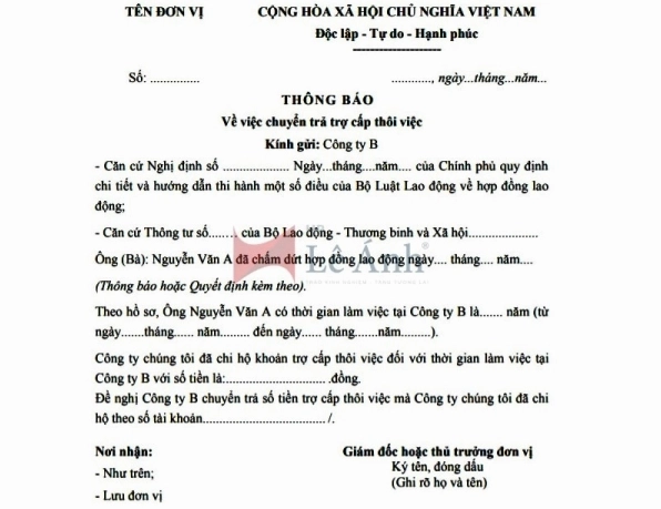 Mẫu quyết định trợ cấp thôi việc