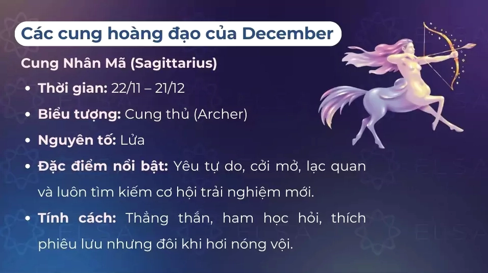 Cung Nhân Mã (22/11 - 21/12) thuộc nhóm cung hoàng đạo của tháng 12