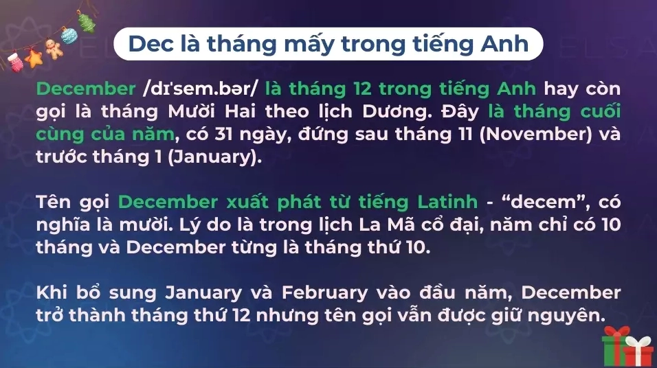 December là tháng 12 trong tiếng Anh và có nguồn gốc từ tiếng Latinh