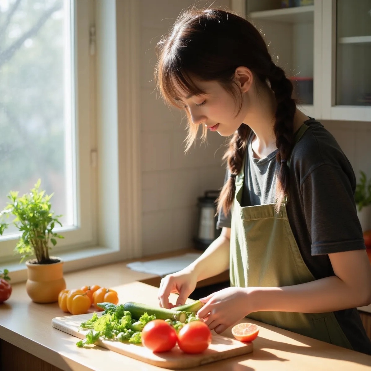 Một người phụ nữ đang chuẩn bị món salad dưa chuột bổ dưỡng